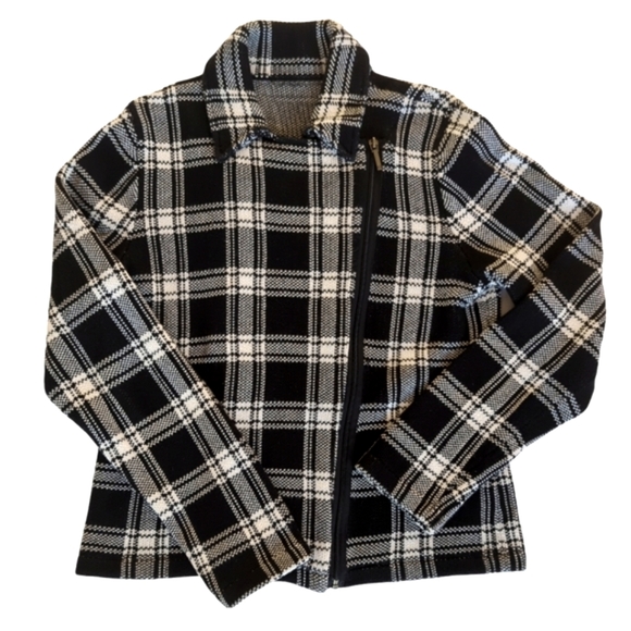 Plaid Asymmetrical Cropped Sweater Jacket LARGE Black White - Picture 1 of 16